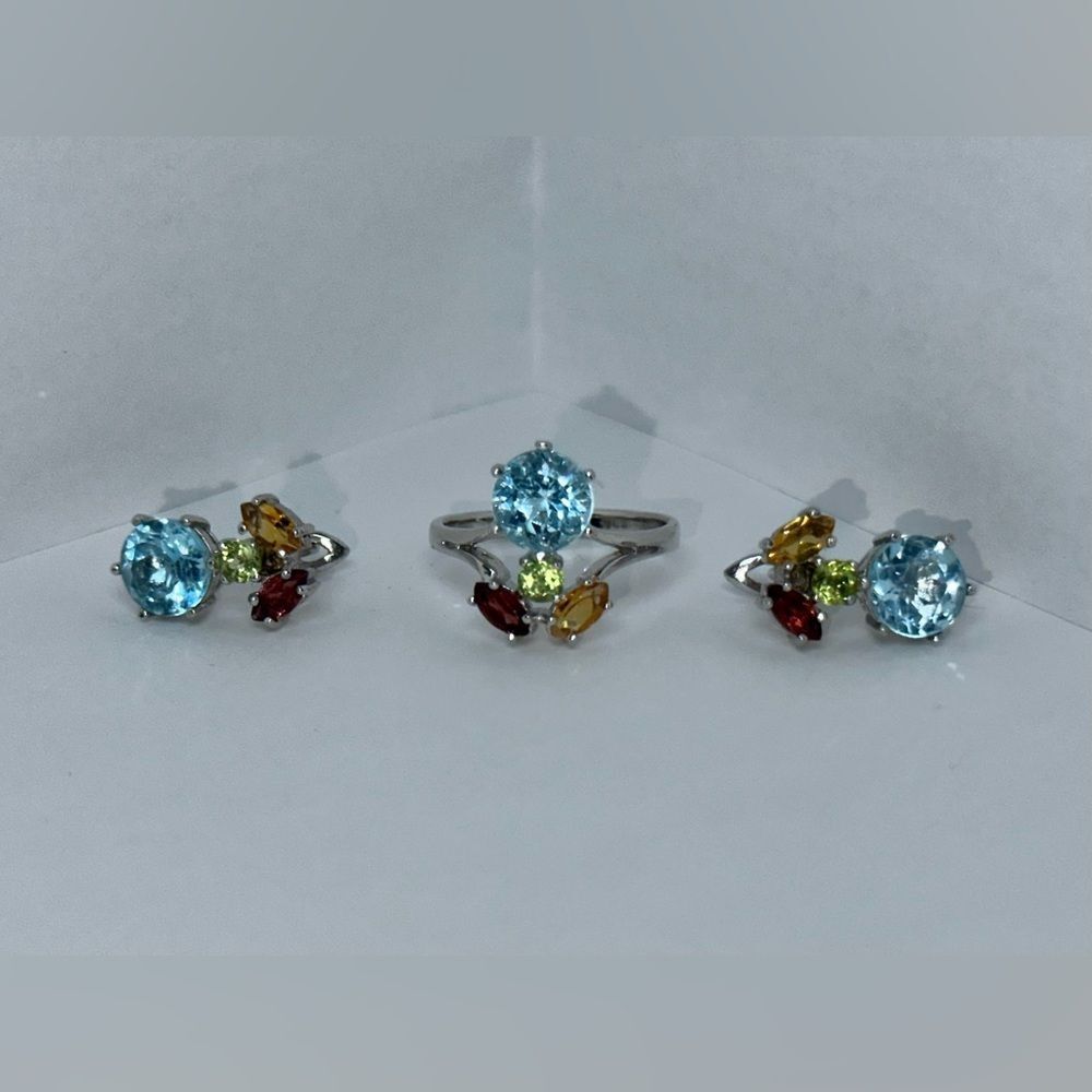 925 Sterling Silver Ring And Earrings - Multi Stone Set